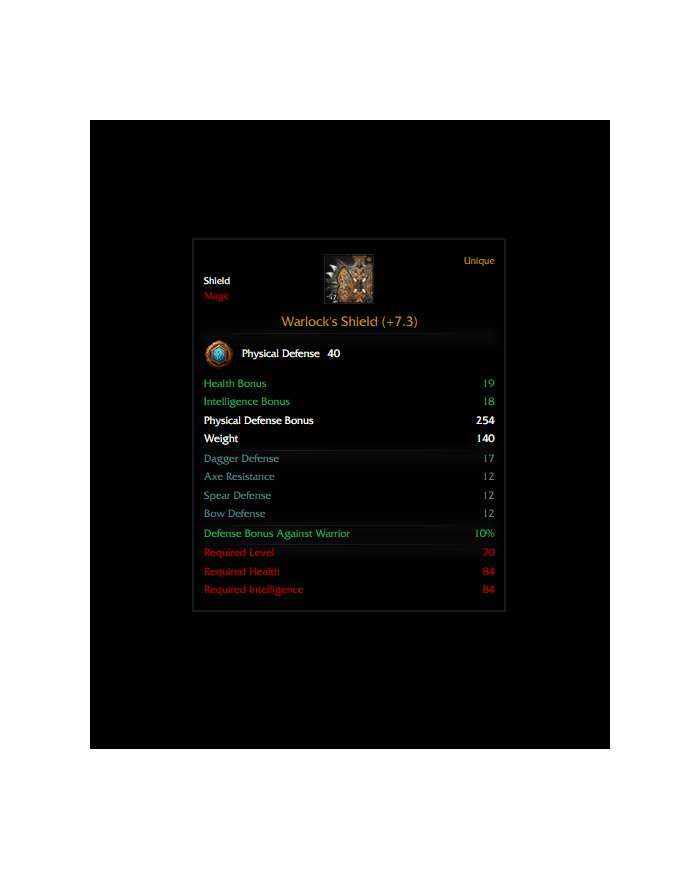 Warlock`s Shield +7,3 psy 40 def